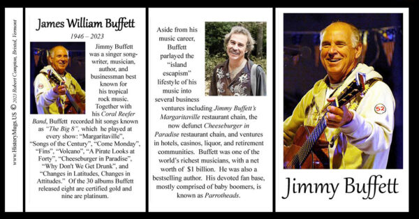 Jimmy Buffett, composer and musician of tropical rock music biographical history mug tri-panel.