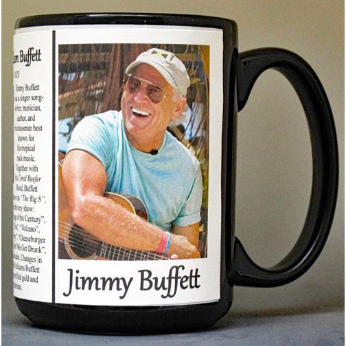 Jimmy Buffett, musician, author, songwriter, biographical history mug. 