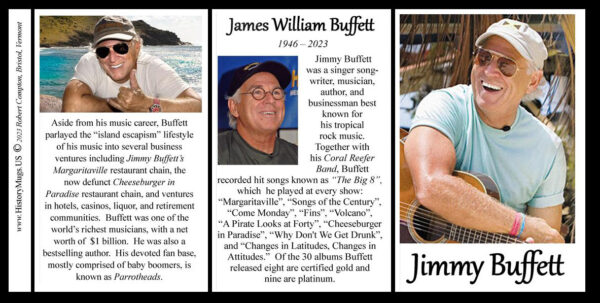 Jimmy Buffett, composer and musician of tropical rock music biographical history mug tri-panel.