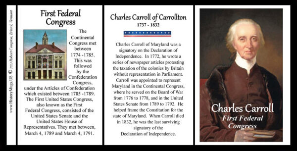 Charles Carroll of Carrollton, First Federal Congress biographical history mug tri-panel.