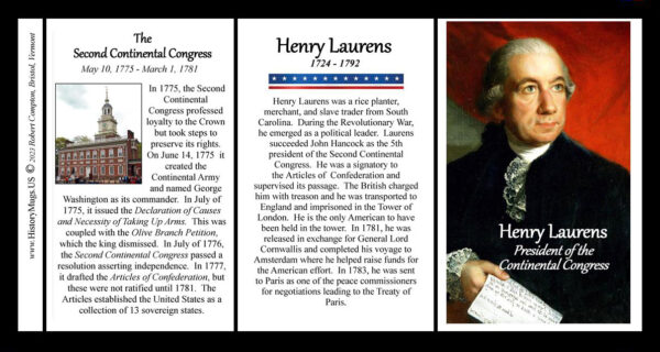 Henry Laurens, President of the Continental Congress, biographical history mug tri-panel.