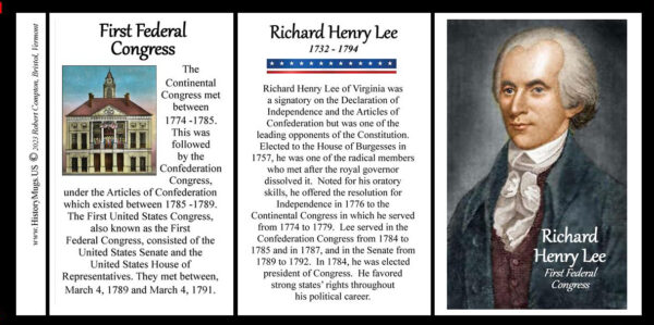 Richard Henry Lee, First Federal Congress biographical history mug tri-panel.