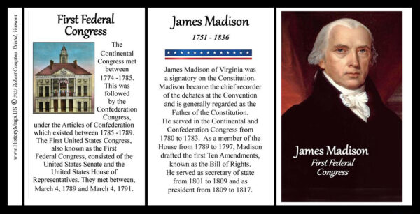 James Madison, First Federal Congress biographical history mug tri-panel.