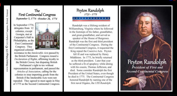 Peyton Randolph, President of the First & Second Continental Congress, biographical history mug tri-panel.