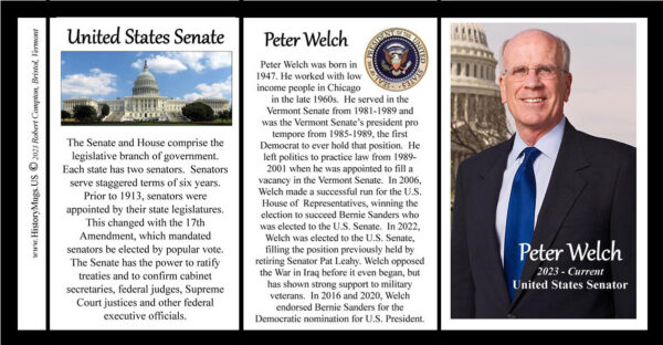 Peter Welch, US Senator biographical history mug tri-panel.