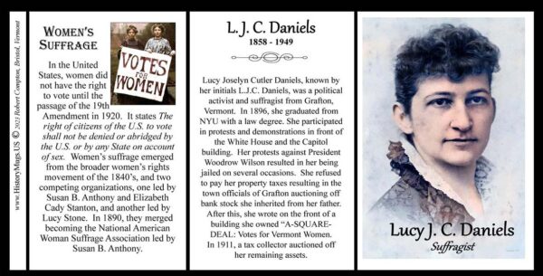 L.J.C. Daniels, aka Lucy Daniels, biographical history mug tri-panel.