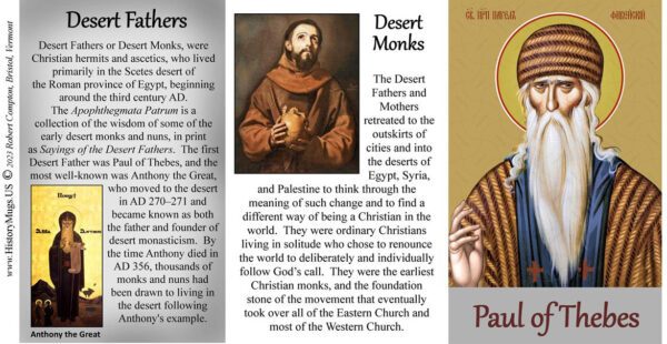 Desert Fathers and Paul of Thebes, Christian hermits, biographical history mug tri-panel.