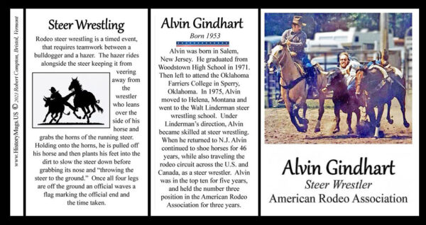 Alvin Gindhart, rodeo champion, biographical history mug tri-panel.