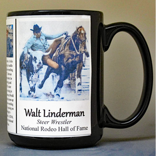 Walt Linderman, Pro-Rodeo champion, biographical history mug. 
