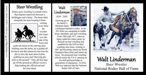 Walt Linderman, rodeo champion biographical history mug tri-panel.