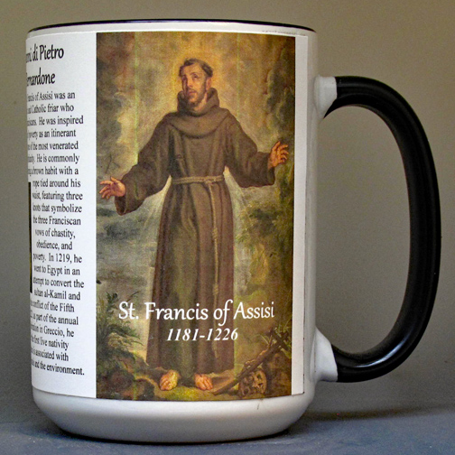 St. Francis of Assisi, founder of the Franciscan Order, biographical history mug.
