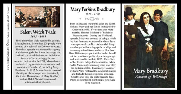 Mary Bradbury, accused of being a witch during Salem Witch Trials, biographical history mug tri-panel.