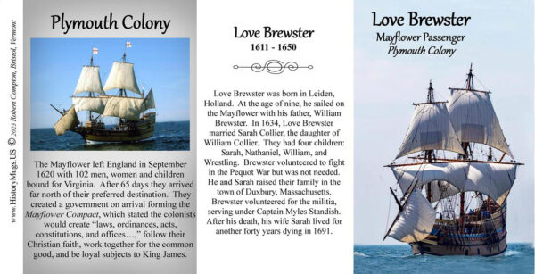 Love Brewster, Mayflower passenger biographical history mug tri-panel.