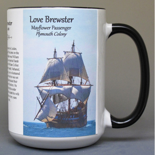 Love Brewster, Mayflower passenger biographical history mug. 