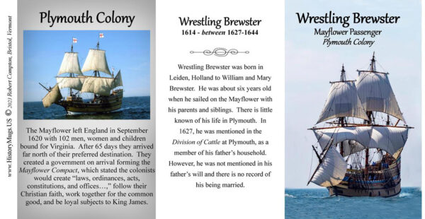 Wrestling Brewster, Mayflower passenger biographical history mug tri-panel.