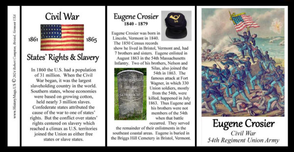 Eugene Crosier, US Civil War, 54th Massachusetts Infantry, biographical history mug tri-panel.