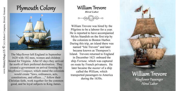 William Trevore, Mayflower passenger biographical history mug tri-panel.