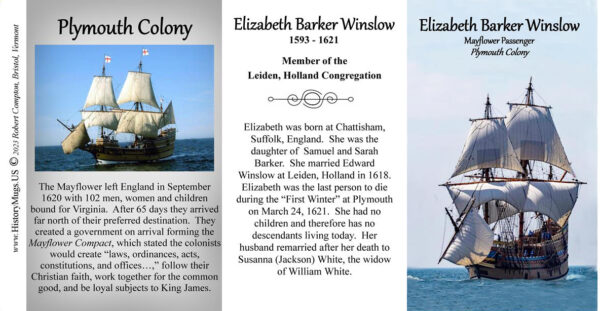 Elizabeth Barker Winslow, Mayflower passenger biographical history mug tri-panel.