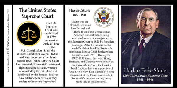 Harlan Fiske Stone, 12th Chief Justice of the US Supreme Court biographical history mug tri-panel.
