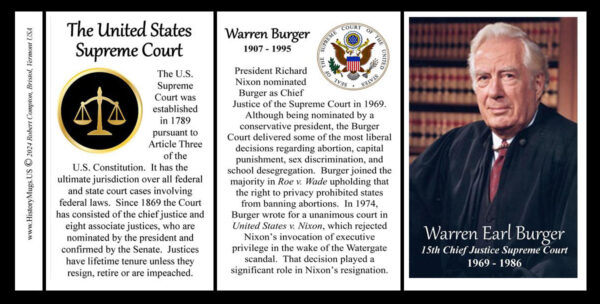 Warren Burger, Chief Justice of the US Supreme Court biographical history mug tri-panel.