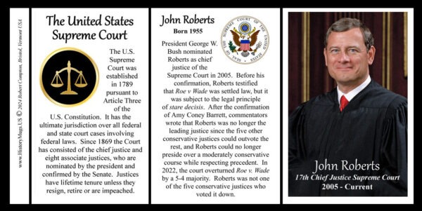 John Roberts, Chief Justice of the US Supreme Court biographical history mug tri-panel.