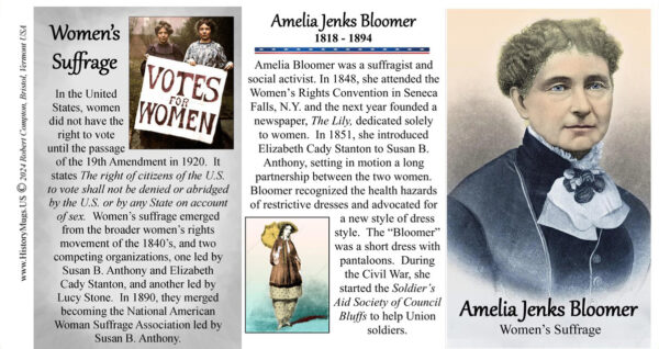 Amelia Jenks Bloomer, suffragist biographical history mug tri-panel.