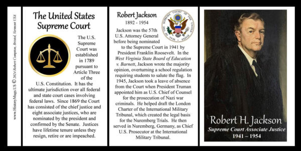 Robert Houghwout Jackson, US Supreme Court Associate Justice biographical history mug tri-panel.