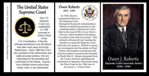 Owen Roberts, US Supreme Court Associate Justice biographical history mug tri-panel.